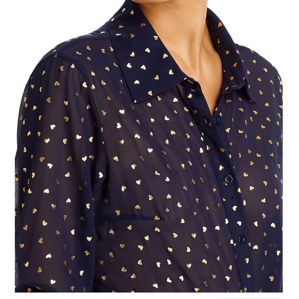 Aqua Bloomingdale’s navy sheer shirt with gold hearts. Size XS. Long sleeves.